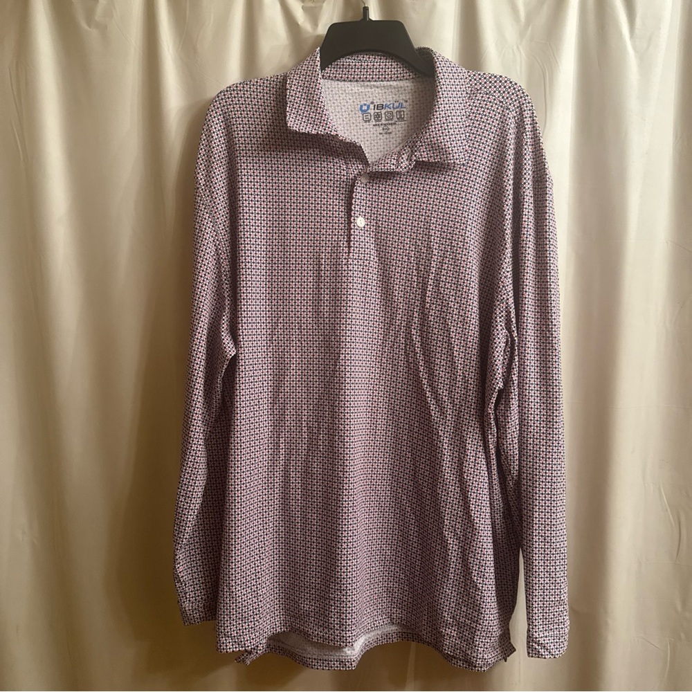 IBKUL Long-Sleeve Polo in Lavender Geometric Print